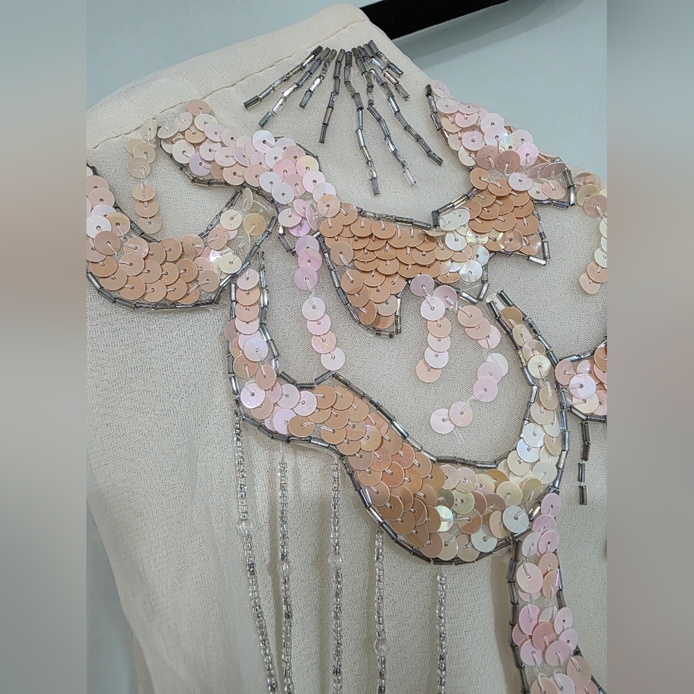 Algo Boutique 🌟 Vintage-Inspired Cream Chiffon Midi Embellished Dress - Picture 5 of 16